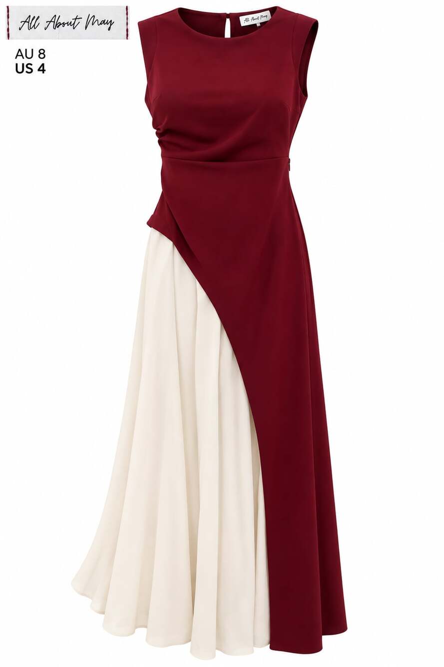 All About May Maxi Dress Size US 4 Wine Red Cream Contrast Asymmetric